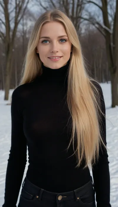 high quality picture, 8k, young danish woman, (extreme slim body), (blue-grey eyes), (very long blonde hair), perfect beautiful hair, (very beautiful slim face), jewelry, small breasts, ((black turtleneck sweater, long sleeves, black jeans)), looking at viewer, smiling, standing, outside, park, trees, snow, blue sky, mountain, NEGATIVE_HANDS, clothes