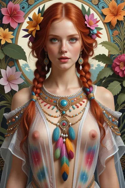 beautiful redhead woman wearing fantastic hand-dyed translucent see though cotton robes, embellished beaded feather decorative fringe knots, colorful pigtail, subtropical flowers and plants, symmetrical face, deep green eyes, intricate, elegant, highly detailed, 8k, digital painting, trending on pinterest, harperâs bazaar, concept, art, sharp focus, illustration, Tom Bagshaw, Lawrence Alma-Tadema, Alphonse Mucha