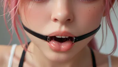 ((close-up pussy, view from behind)), biopunk style gamer girl, 25 year old woman, (young:1.6), gradient pink hair, ponytail, sexy makeup, ((detailed symmetric beautiful eyes)), detailed gorgeous face, exquisite detail, medium height, ((34b breasts, erect detailed nipples)), navel piercing, clit piercing, cameltoe, ((shaved)), 111cine8matic55, masterpiece, 32k, (Masterpiece), <lora:attractive_notrigger:1.7>, <lora:BUT_SDXL_SHS:.9>, green, eyes, blue, brown, perfecteyes, <lora:PerfectEyesXL:.8>, (mask with a gag ring inserted into the mouth), open mouth, (plug gag), tongue out, (((drooling))), lots of drool flows out of mouth, (plug on a chain), a metal collar, breasts exposed, pink erected nipples, ((heavy silver nipple pendants)), tanned, tan lines, (((black shibari harness))), beautiful face, (((sex slave))), beautiful
