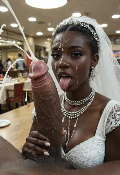 (3boys staying around:1.5), open mouth, orgasm look, (laying outside in a restaurant:1.8), (beautiful African bride:1.5), (traditional African bride costume:1.8), purple lipstick, golden blue eyeshadow, light golden eyes, purple eyeliner, long pigtails, cock sucking, cock licking with her tongue, cum runs out of mouth, cum bursting out of dick, tongue sticking out, oral cumshot, (exploding cumshot:1.5), projectile cum, cum on tongue, (giant ejaculating cock:1.5), (massive cumshot:1.8), fullbody, low angle view, (face and hair cum covered:1.8), clothes cum covered, nice natural breast, (ejaculating giant penis:1.9), bukkake, facial