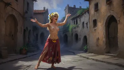 (one adult woman, mature 50 year old, blonde, small breasts, naked torso, flower on head, long flower skirt), hands on hips, dancing hula on the street, old medieval city with walls, morning, very close view above waist, (artwork, digital painting, fantasy art, loading screen art style), <lora:SumTim:.1>, <lora:J_cartoon:.1>, <lora:Sinister_Style_SDXL:.1>, <lora:EnvyAnimeDigitalPaintingXL01:.1>