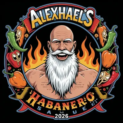 Logo, Label, ((ULTRA REALISTIC DETAILED Cartooned)), BLACK background, THICK BORDER, ((DECORATED WITH MANY HABANERO PEPPERS AND FIRE FLAMES, Scotch bonnet pepper:1.7)), ((HABANERO PEPPERS LOOK LIKE SHORT FAT ORANGE SHRIVELED UP APPLES:1.7)), ((-shaped chilies:1.5)), ((very bald white man's entire bearded face, super long bushy white FOOT LONG chin goatee beard but without mustache, down to man's waist:1.8)), ((very bald white man's entire bearded face, Goatee-without-Mustache, super long bushy white 18" chin goatee beard down to man's waist:1.8)), (((CLEAN SHAVEN UPPER LIP, NO MUSTACHE:1.9))), INTIMIDATING JESTER GRIN, colorful BANNER logo reads "ALEXHAEL'S HABANERO SAUCE 2026".