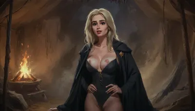 (one woman, yellow elf, mature 40 year old, long golden hair, very small breasts, sleepy eyes, seductive smirk), (standing inside closed medieval beige/black war tent), (wearing dark medieval ornamental coat, spreading open cleavage exposings breasts, hands on hips), very close view above waist, (artwork, digital painting, fantasy art, loading screen art style), <lora:SumTim:.1>, <lora:J_cartoon:.1>, <lora:Sinister_Style_SDXL:.1>, <lora:EnvyAnimeDigitalPaintingXL01:.1>