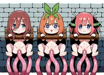 Cute, tied on pillory, wall, nude, tentacles, pink tentacles, 3 girls, Nino Nakano, Miku Nakano, Yotsuba Nakano, chibi style, tied tentacles, above view, vaginal tentacles, tied arms, tied legs, diffrrent emotions, white background, hearts eyes.