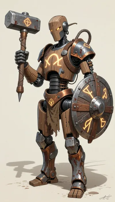 fantasy art, illustration, line art, color drawing, humanoid medieval fantasy robot made from wood, copper and iron, arcene glowing runes carved in the robot, holding a large mallet like warhammer, a round cog like shield strapped to the left arm of the robot, old battered and worn robot