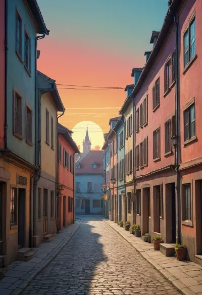 ((vintage poster style, limited 16-colors palette, bright solid colors, minimal detail, no color gradient, old anime style, low details)), each color is solid and separated from the other by a thin line of a darker shade, (saturated bright colors, high definition image, high contrast colors), .

sunrise in medieval western europe town