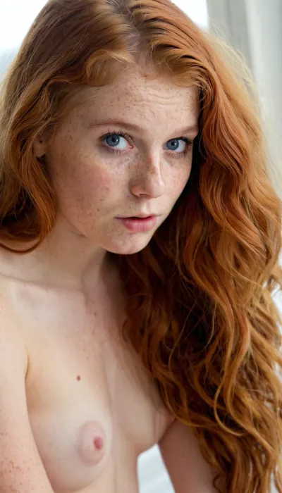 A beautiful 18-year-old young Anglo-Saxon woman facing the camera, long wavy reddish hair, soft freckled face, big blue eyes, mixed expression of pain and pleasure. Slim thin body with very small breasts. She is being anally penetrated while looking forward. Realistic detailed scene, soft natural lighting