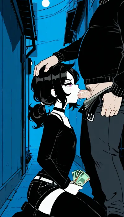 Derpixon style, simple cartoon porn, bold black outlines, vibrant flat colors, without shading, clean lines, maximum simplicity, clean flat coloring, no complex details, no gradients, no shine, on the alleyway, night, near the wall, Ashley Graves, Ashley Graves from The coffin of Andrew and Leyley, adult, 18 years old, normal skin, small petite body, short stature, flat chest, cute innocent face, 1girl, 1man, old and fat man, she is kneeling, blowjob, man in clothes, man hand on her head, she holding money in hand, very angry face expression