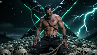 (photorealistic dslr wide-angle 16:9), cinematic dark comic book style, 1male, solo, old man, topless, X, (hyperrealistic anime aesthetic:1.25), (cyberpunk neon glow:1.2), (bdsm bondage rope:1.2), (sensual lingerie:1.2), (interracial gangbang:1.15), (erotic cosplay:1.2), photorealistic 8k, trending on pixiv, highly detailed cinematic shadows, visual novel style, high-end cgi art, fantasy, hero, masterpiece feed