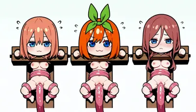 Cute, tied on pillory, nude, tentacles, pink tentacles, 3 girls, lies on back, Nino Nakano, Miku Nakano, Yotsuba Nakano, chibi style, tied tentacles, above view, vaginal tentacles, tied arms, tied legs, diffrrent emotions, white background