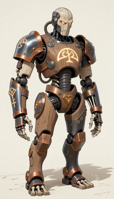 fantasy art, illustration, line art, color drawing, humanoid medieval fantasy robot made from wood, bone, copper and iron, arcene glowing runes carved in the robot