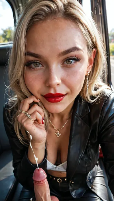 The front view. An 18 years old girlfriend is sitting with tighten thighs on a bus seat, she's pressing her handbag against her. She is a platinum blonde, wears red lipstick, and has her nails painted dark red. She is wearing a tight white top, a black social suit, and a black pencil skirt, silver and golden jewelry. Wedding ring with a diamond on her ring finger., (POV viewer is standing above her face and his penis hanging out of pants:1.2), (the smallest shortest tiny penis is pressing and rubbing against her cheeks:1.6), (((ejaculation))), ., (She's looking indirectly at viewer while she's talking on the phone:1.5), . There are a lot of people on the bus, and people are standing and sitting in the background. Daytime, sunlight sparkling the scene, soft lighting.