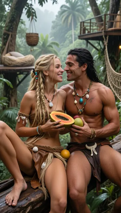 masterpiece, intimate close foreground portrait of a couple high above the rainforest canopy, cropped from about the hips upward, the couple dominates the image, their faces are the absolute focus, blonde jungle woman, 25 years old, tanned fair skin, athletic body, very long thick blonde dreadlocks decorated with beads, shells and small bone ornaments, barefoot, wearing a rugged handmade loin covering of tanned leather and woven natural fibers and a very small primitive top made from natural materials, beside her sits her partner, fictional jungle man, 32 years old, very masculine powerful physique, broad shoulders, muscular chest and arms, dark sun warmed skin with visible pores and subtle scars, long black hair partly braided and slightly wild, wearing a weathered leather loin covering, layered jewelry of bones, teeth, shells, turquoise stones and irregular beads, the two sit very close together on an open treetop platform, sharing fresh tropical fruit, feeding each other ripe papaya, mango, passion fruit and guava, smiling softly, gazing into each others eyes, the happiness and deep love they share clearly visible in their expressions, warm joyful intimacy, beautiful realistic teeth, brilliant eyes, rich skin texture, their leather, jewelry and hair rendered in exquisite detail, golden warm light bathing their faces and upper bodies, soft highlights on skin and beads, romantic tropical glow, behind them the treetop living environment is visible only as softly blurred atmospheric background, several separate open platforms spread across different giant trees, a soft sleeping nest, a rustic washing platform, hanging baskets and woven rope bridges, all out of focus, no enclosed houses, no spa look, no porcelain, everything handmade from rough branches, bark, lianas, leaves and palm fibers, endless rainforest canopy and drifting mist beyond, shallow depth of field, dreamy background blur, cinematic photorealism, ultra detailed faces, masterpiece quality, emotional, alive, free, deeply romantic