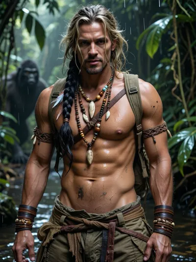 A slender blonde solo jungle explorer looks extremely seductive while having sex with a native jungle warrior, man 32 years old, extremely masculine powerful physique, broad shoulders, thick muscular chest, strong arms, defined abdomen, dark sun weathered skin, long black hair hanging past his shoulders, partially braided into thick uneven braids, loose tangled strands framing his face, rugged unkempt appearance, intense dark brown eyes, heavy brows, strong cheekbones, broad masculine jaw, rough stubble, fierce untamed presence, layered handmade jewelry formed from carved bone, polished animal teeth, wooden beads, seeds, shells and small stones, multiple necklaces resting across his chest, braided leather cords wrapped around his wrists and upper arms, bone pendants and beadwork woven directly into his hair, small feathers and jungle fibers threaded between the braids, asymmetrical handmade ornaments, weathered loincloth and rough woven fabric elements, traces of mud, sweat and jungle moisture across his skin, subtle scars and scratches from life in the wilderness, powerful hands, muscular forearms, confident grounded posture, mysterious commanding expression, surrounded by dense humid tropical vegetation, deep green foliage, hanging vines, mist and filtered shafts of jungle light, cinematic photorealism, highly detailed skin texture, realistic hair strands, intricate handcrafted jewelry, raw natural atmosphere, in a jungle stream, (flat-chested:1.5), hot, perfect face, silent smile, perfect hands, perfectly slender body, tight butt, fully dressed in a, (wet trekking cargo-pants, shirt, hat and trekking backpack:1.7), (highly detailed jungle fauna:1.4), (extremely heavy monsoon rain:1.4), backdrop, (some curious huge gorillas in the blurred background:2), fanju, Jungle by night