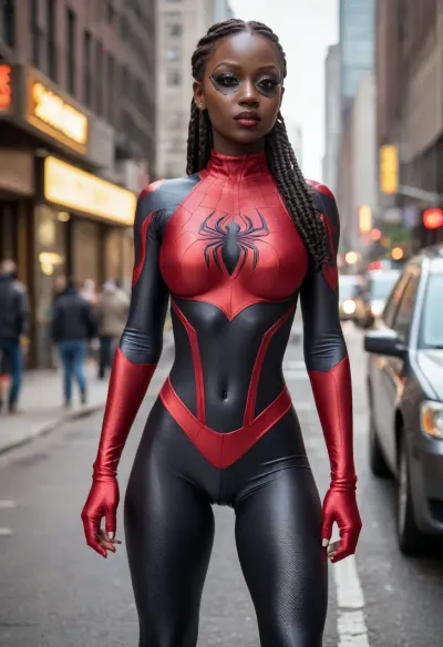 8k, best quality, (masterpiece), (intricate details), (cowboy shot), ((side view)), super sexy 25 year old Black woman dressed as a female Spider-Man, ((black skin:1.5)), long braided black hair, authentic red, and blue 190s era Spider-Man costume, (small black eye mask), brown eyes, perfect face, detailed eyes, sexy, mysterious, ((small round breasts)), narrow hips, (cameltoe:1.6), muscular legs, tight round ass, red boots, perfect lighting, high detail, octane render, in the center of a busy New York City street, action pose