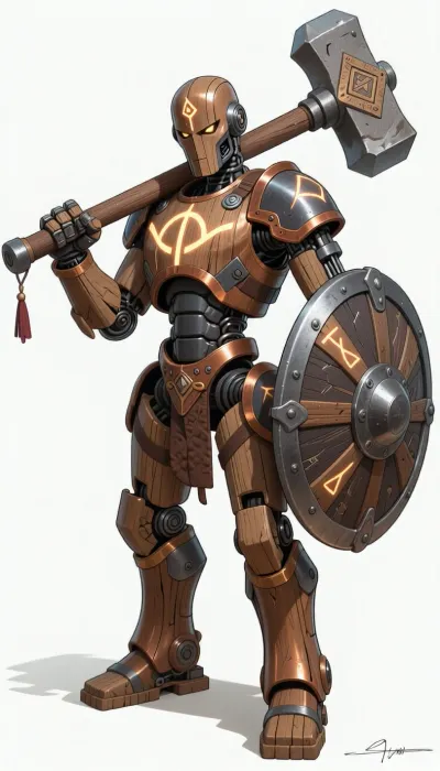 fantasy art, illustration, line art, color drawing, humanoid medieval fantasy robot made from wood, copper and iron, arcene glowing runes carved in the robot, holding a large mallet like warhammer, a round cog like shield strapped to the left arm of the robot