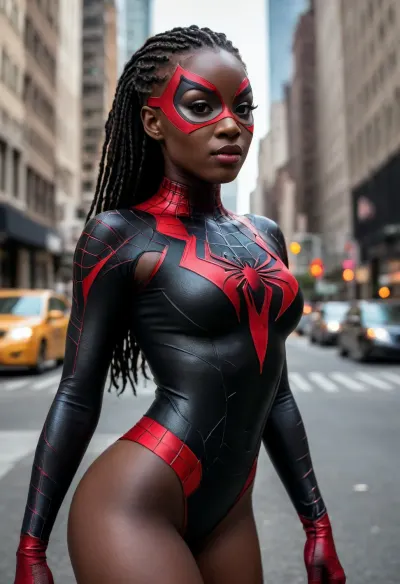 8k, best quality, (masterpiece), (intricate details), ((rear view)), super sexy 25 year old Black woman dressed as a female Spider-Man, ((black skin:1.5)), long braided black hair, authentic red, and blue 190s era Spider-Man costume, (small black eye mask), brown eyes, perfect face, detailed eyes, sexy, mysterious, ((small round breasts)), narrow hips, muscular legs, tight round ass, perfect lighting, high detail, octane render, (full-body shot from a distance), in the center of a busy New York City street, action pose