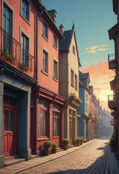 ((vintage poster style, bright solid colors, minimal detail, no color gradient, old anime style, low details)), each color is solid and separated from the other by a thin line of a darker shade, (saturated bright colors, high definition image, high contrast colors), limited 16-colors palette.

sunrise in medieval western europe town