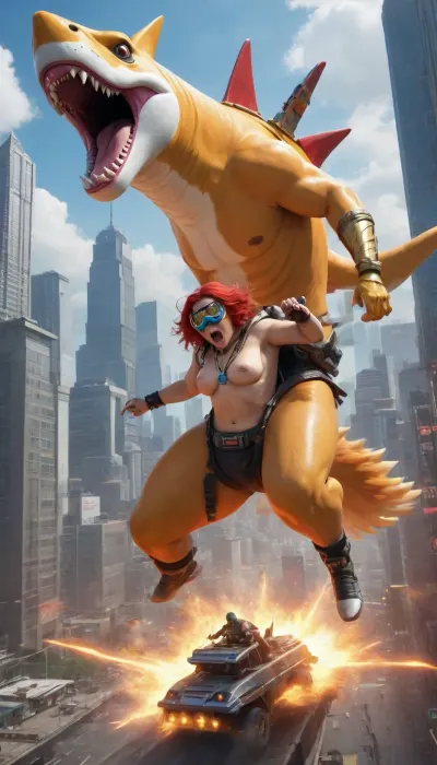 A mysterious nude woman with fiery crimson hair and glowing yellow eyes lounges atop a giant, chrome-plated shark with jet engines strapped to its sides, its jaws lined with spinning chainsaw teeth. The shark hovers midair inside an infinite cityscape where gravity is optional and logic retired years ago. In one hand, she holds a glowing, translucent taco, inside of which a tiny luchador and a samurai are locked in an epic wrestling match, their battle creating ripples of neon energy that distort reality around them.

The streets below are a riot of impossible action. A gang of cybernetic sumo wrestlers grapple atop a bullet train that’s drifting sideways along a vertical skyscraper, while an army of business-suited velociraptors parkour through the glass windows, briefcases exploding into clouds of holographic yen. A three-headed DJ with glowing turntables hovers in the air, dropping bass so intense that the buildings around him vibrate and shift colors like living equalizers. Giant, flaming kanji symbols burst in the sky every time someone lands a perfect combo in the citywide, no-rules martial arts tournament happening on every rooftop.

Above, the sky is an ever-shifting anime title sequence, where comets shaped like screaming skulls collide in slow-motion while an enormous, armored koi fish surfs down a river of pure lightning. A colossal, floating ramen bowl the size of a sports stadium hovers nearby, where warrior-monks duel atop floating chopsticks, their swords clashing in dazzling sparks of golden broth. A kaiju-sized corgi, wearing a leather jacket and cyberpunk goggles, skates through the sky, barking in autotune as flocks of holographic pigeons scatter in every direction.

At the center of it all, a throne made of crashed motorcycles and shattered arcade cabinets hums with crackling energy. Seated atop it, a masked figure wrapped in glitching neon chains flips a gold coin into the air, the coin splitting into a hundred smaller versions of itself before each one detonates into a separate explosion of fire, lightning, and pure, distilled anime chaos. As the woman takes a bite of her taco, the entire city seems to inhale in anticipation—before everything erupts in a kaleidoscopic supernova of speedlines, slow-motion action shots, and an electric guitar solo that can be seen as well as heard.