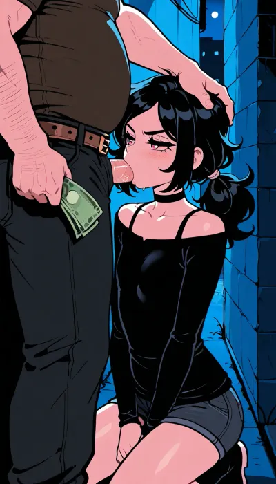 Derpixon style, simple cartoon porn, bold black outlines, vibrant flat colors, without shading, clean lines, maximum simplicity, clean flat coloring, no complex details, no gradients, no shine, on the alleyway, night, near the wall, Ashley Graves, Ashley Graves from The coffin of Andrew and Leyley, adult, 18 years old, normal skin, small petite body, short stature, flat chest, cute innocent face, 1girl, 1man, old and fat man, she is kneeling, blowjob, man in clothes, man hand on her head, she holding money in hand, very angry face expression