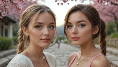 close-up, Two slim, highly attractive 25-year-old women, natural 34B bust, random dynamic poses, full body, biopunk gamer girl aesthetic. Both have flawless oval faces with high cheekbones, smooth jawlines, perfectly symmetrical large almond-shaped eyes, long thick dark eyelashes, defined arched eyebrows, straight delicate noses, full rosy lips with defined cupid's bow, flawless porcelain skin with soft blush, subtle natural makeup, glossy lips, catchlights in eyes, realistic iris texture. Woman 1, 25-year-old biopunk gamer girl, gradient pink hair in twin pigtails, subtle glowing cybernetic implants along collarbone, wearing a cropped pastel-pink knit cardigan over a white lace bralette, high-waisted cream pleated mini skirt, white thigh-high socks, pink sneakers. Woman 2, light brown hair in a single braid, faint bioluminescent circuit tattoos on arms, wearing an off-shoulder sage-green linen blouse with ruffled sleeves, fitted beige tailored shorts, brown leather ankle boots, delicate gold necklace. Setting, breathtaking scenic location, blooming cherry blossom garden with stone pathway, golden hour sunlight, soft bokeh, petals drifting in air, distant mountains and turquoise lake, subtle biopunk tech elements. Photorealistic, cinematic lighting, ultra-detailed clothing textures and faces, visible skin pores, individual eyelashes, sharp facial focus, 8K, shallow depth of field, fashion editorial style, natural skin tones, elegant composition., but, <lora:BUT_SDXL_SHS:1.7>, <lora:attractive_notrigger:1.2>