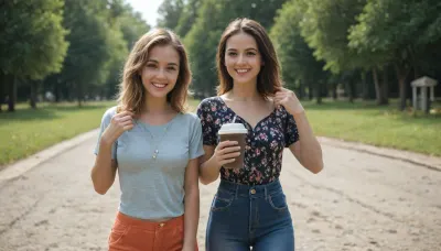 an atmosphere of friendship, joy, and lightheartedness, where the main heroines are two best friends. Imagine a sunny day at the park, on the beach, or in a cozy café, where two friends, dressed in stylish and colorful outfits, share secrets, laugh, or simply enjoy each other's company. Their gestures are lively, and their eyes sparkle with happiness and trust. Perhaps they are looking at photos, sipping coffee, or walking arm in arm. Around them, an atmosphere of warmth, support, and carefree joy prevails. Create artworks that capture the atmosphere of friendship, youth, and happiness. Show how beautiful and inspiring true friendship can be!