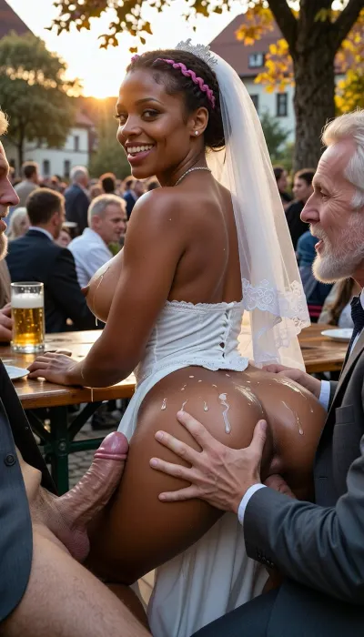(petite mature African bimbo bride:1.5), perfect nature, (autumn colors), she will be fucked outside in the German beergarden, (analsex:1.6), (massive hyper giant cocks:1.2), (open smile mouth:1.2), (She doing doggystyle on the table and get fucked from behind:1.2), (view from the side:1.2), (extreme gaping vagina), (massive cumshots), (short pink braids), (she wear bride costume), cum covered, she have large silicone breasts and small nice ass, (she will be anal fucked from two old men and white beard:1.2), they are full clothed in pantsuit, Outside in Germany, (((public beergarden, crowded, people around))), Sunset, 2boys, hon, (white, bridal, dress, veil:1.5)