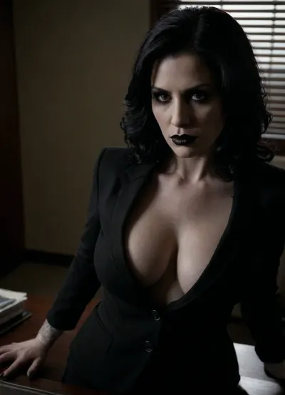 cleavage of a beautiful goth milf, black lipstick, nipples, high angle, heavy tits, wearing a blazer, no bra, cum on her chest, hd, dlsr, masterpiece, dood eyes, good face, skin imperfections, in the office, <lora:dark:.8>