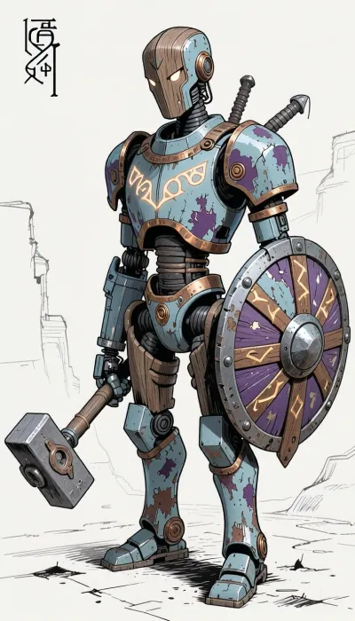 fantasy art, illustration, line art, black and white drawing, sketch, humanoid medieval fantasy robot made from wood, copper and iron, arcene glowing runes carved in the robot, holding a large mallet like warhammer, a round cog like shield strapped to the left arm of the robot, old battered and worn robot, painted in pale blue and purple colors, paint worn and chipped