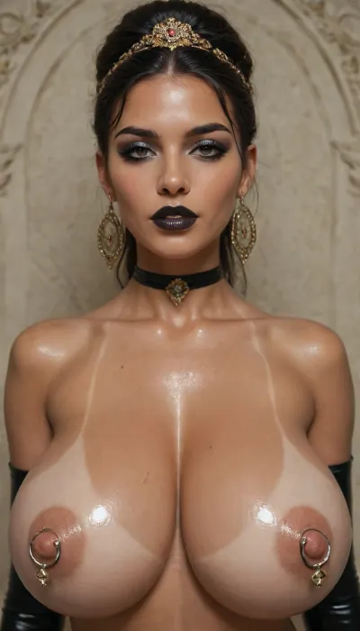 (Alfons Mucha art style:1.8), ars nouveau, bimbo slut, latex, huge breasts, huge nipple rings, sexy pose, intense eye makeup, black eyeshadow, fake eyelashes, heavily lined eyes, thick eyeliner, black lipstick, (oiled skin, tan lines:1.2)