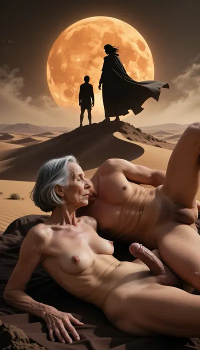 Realistic directional lighting, ambient occlusion, chiaroscuro, beautiful, (an aged woman, 90 years old:1.8), . Her skin looks 90 years old. The old lady has grey hair, (Small, long, and very saggy breasts:1.8), ((very detailed skin)), . Hair cut in a bob, short, younger man with a huge penis, curvy MILF, 90 years old lying beside him, ((small, sagging breasts:1.3)), ((pointy, sagging breasts)), ((muscular man, 30 years old, on his back)), she masturbates him, she is kissing him, ((masturbation:1.3)), rubbing his penis, slim hips, flat stomach, romantic, tender, caring, movie poster, minimalist style, a vast desert landscape with undulating sand dunes, silhouettes of two figures standing on a dune peak, one figure wearing a long flowing cloak caught in the wind, a massive giant glowing orange planet filling the background sky, cinematic lighting, warm monochromatic color palette, atmospheric haze, epic scale, high contrast between dark foreground silhouettes and luminous sky, dramatic composition, vector art influence, crisp edges, professional movie poster aesthetic.