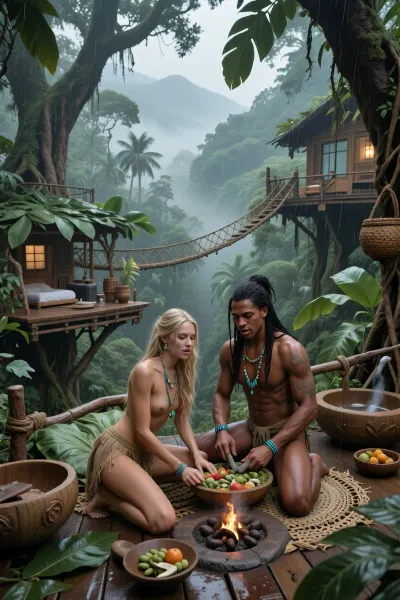 wide elevated view high above the rainforest canopy, the scene takes place entirely in the highest crowns of gigantic jungle trees, no ground visible anywhere, endless layers of treetops stretching into the misty distance, distant mountains fading into haze, heavy humid atmosphere, dense drifting fog, more mist and more depth, the whole image should feel far less digital and far less polished, no glossy CGI look, no spa resort feeling, instead organic handcrafted realism, tactile natural materials, weathered surfaces, softened edges, slightly dulled earthy tones with rich natural greens, humid air, subtle saturation, realistic light diffusion, the couple lives here in a self built treetop settlement spread across multiple giant trees, connected by woven rope bridges, hanging walkways and irregular platforms, several living areas visible across different trees, one platform for cooking, one for sleeping, one for washing, all built from branches, poles, vines, bark, woven reeds, lianas, giant leaves and jungle fibers, no European wooden chalet, no glass windows, no perfect symmetry, no clean gables, no porcelain, no electric light, everything looks handmade, practical, beautiful and slightly worn by rain and jungle life, roofs made from overlapping leaves, railings made from branches, baskets hanging everywhere, carved wooden containers, a wooden wash basin hollowed from a trunk, a soft sleeping area made from layered leaves, woven mats and natural fibers, in the foreground more of the main open air platform is visible, with a small safe fire pit lined with clay and stones, low bowls, cut fruit, leaves and handmade utensils, blonde jungle woman, 25 years old, athletic build, very long blonde dreadlocks, barefoot, sun warmed skin, wearing a handmade loin covering of natural fibers and soft leather, layered jewelry of beads, shells, bones and turquoise stones, her partner, fictional indigenous jungle man, 32 years old, very masculine powerful physique, dark skin, long black partly braided hair, wearing a natural loin covering and handmade jewelry of bones, beads, teeth and turquoise stones, both are laughing and relaxed, sitting or kneeling together on the platform, using primitive stone knives to cut tropical fruit for a salad, joyful, playful, deeply connected, the background reveals their extraordinary treetop home extending from tree to tree, immersive, misty, wild, romantic, believable, cinematic photorealism, highly detailed foliage, wood, leaves, smoke, skin, hair and natural materials, the feeling should be wow, they truly built and live in a beautiful free life above the jungle canopy