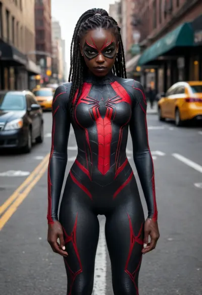 8k, best quality, (masterpiece), (intricate details), ((rear view)), super sexy 25 year old Black woman dressed as a female Spider-Man, ((black skin:1.5)), long braided black hair, authentic red, and blue 190s era Spider-Man costume, (small black eye mask), brown eyes, perfect face, perfect lighting, high detail, octane render, detailed eyes, sexy, mysterious, (full-body shot from a distance), standing in the center of a busy New York City street, ((small round breasts)), narrow hips, muscular legs, tight round ass