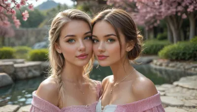close-up, Two slim, highly attractive 25-year-old women, natural 34B bust, random dynamic poses, full body, biopunk gamer girl aesthetic. Both have flawless oval faces with high cheekbones, smooth jawlines, perfectly symmetrical large almond-shaped eyes, long thick dark eyelashes, defined arched eyebrows, straight delicate noses, full rosy lips with defined cupid's bow, flawless porcelain skin with soft blush, subtle natural makeup, glossy lips, catchlights in eyes, realistic iris texture. Woman 1, 25-year-old biopunk gamer girl, gradient pink hair in twin pigtails, subtle glowing cybernetic implants along collarbone, wearing a cropped pastel-pink knit cardigan over a white lace bralette, high-waisted cream pleated mini skirt, white thigh-high socks, pink sneakers. Woman 2, light brown hair in a single braid, faint bioluminescent circuit tattoos on arms, wearing an off-shoulder sage-green linen blouse with ruffled sleeves, fitted beige tailored shorts, brown leather ankle boots, delicate gold necklace. Setting, breathtaking scenic location, blooming cherry blossom garden with stone pathway, golden hour sunlight, soft bokeh, petals drifting in air, distant mountains and turquoise lake, subtle biopunk tech elements. Photorealistic, cinematic lighting, ultra-detailed clothing textures and faces, visible skin pores, individual eyelashes, sharp facial focus, 8K, shallow depth of field, fashion editorial style, natural skin tones, elegant composition., but, <lora:BUT_SDXL_SHS:1.7>, <lora:attractive_notrigger:1.2>
