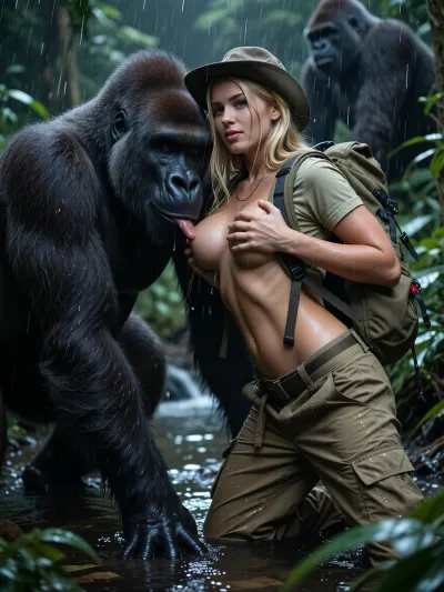 A slender blonde solo jungle explorer looks extremely seductive while having sex with huge gorilla, in a jungle stream, (flat-chested:1.5), hot, perfect face, silent smile, perfect hands, perfectly slender body, tight butt, fully dressed in a, (wet trekking cargo-pants, shirt, hat and trekking backpack:1.7), (highly detailed jungle fauna:1.4), (extremely heavy monsoon rain:1.4), backdrop, (some curious huge gorillas in the blurred background:2), fanju, Jungle by night