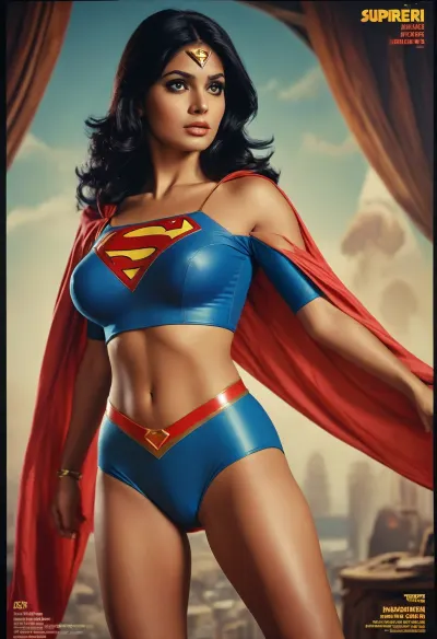 Movie poster for a 1960s SciFi movie version of the supergirl, sexy desi superhero, Indian, Pakistani, cleavage, sexy legs, huge breasts, toned ass, massive tits, huge milkers, toned legs, black hair, <lora:MJ52:.8>