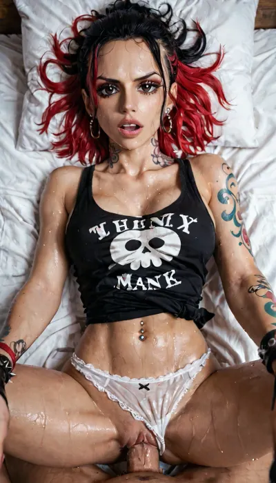 (One Piece), emo, tanktop, panties pulled to side, (filled with tattoos), pov, having sex, vaginal, leaning, lustful expression, ((sweaty)), sweat bands, fake eye lashes, dark eye make up