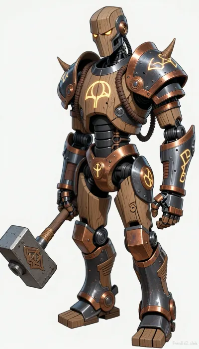 fantasy art, illustration, line art, color drawing, humanoid medieval fantasy robot made from wood, copper and iron, arcene glowing runes carved in the robot, holding a large mallet like warhammer
