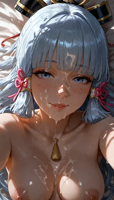 (Selfie:1.5), (Kamisato Ayaka from Genshin Impact), very cute. naked, medium breasts, relaxed smile. natural lips., (sexy:1.5), lying on back, (cum dripping), (cum on lips), (cum on breasts), . soft lighting, Dripping cum., cum on shoulders . Cum on neck., (perfect detailed face), (perfect mouth), (perfect lips), ., cum on forehead. Cum dripping. cum dripping from side of her mouth, cum on small tits, cum on shoulders . Cum on neck. cum on nose, ___________Photorealistic, Hyper-detailed, 8k resolution, Sharp focus, Masterpiece, Extremely high fidelity, (high realistic), (extreme realism), (dappled light, dappled sunlight), Natural blemishes, freckles, moles, discolorations, Subsurface scattering, natural lips., <lora:attractive_notrigger:1.7>, <lora:dark:.8>, <lora:add-detail-xl:1.2>, <lora:detailed_notrigger:1.2>, <lora:LCMTurboMix_Euler_A_fix:1.2>