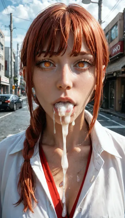 makima, (chainsaw man), close-up, big round eyes, detailed eyes, gigantic hughe cock, deepthroat, Extremly deepthroat, excessive cum dripp, excessive cum overflow, cum Explosion "modern Tokyo city street, urban Tokyo background, quiet downtown district, tall office buildings, narrow street, concrete and glass architecture, parked cars, street signs, utility poles, overcast sky, subdued daylight, slightly dark atmosphere, cinematic urban setting, detailed background"