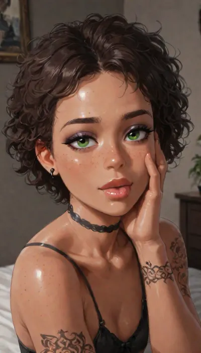 (score_9, score_8_up, score_7_up, score_6_up, source_anime, masterpiece), 1 femboy, solo, curvy, flat chest, perfect face, ((very dark skin, ebony, dark brown hair, curly hair, portrait focus, closeup face)), beautiful eyes, eyelashes, eyeshadow, large ass, hourglass figure, lusty, piercings, curly hair, gorgeous face, goth makeup, (Tattoos:1.5), choker, goth clothing, very dark pose, slutty top, Inside, detailed bedroom, detailed background, decorations, modern interior, posters, bed, plants, dark walls, seductive, goth, cocky, flirty, hands on face, tongue out, Close up, dynamic angle, closeup, perfect anatomy, insane details, intricate details, hyperdetailed, hyper quality, ultra detailed, professional, HDR, ray tracing reflection, highlydetailedbody, realisticface, highlydetailedhair, insanelydetailed, 8K.highdetailedskin, highresolution, perfectfingers, (j_cartoon:1.5), Drawing, supermodel, face, big, lips, uberfit, muscular, athletic, xlsanaa, woman, <lora:xlsanaa woman:1>, <lora:detailed_notrigger:.7>, <lora:samdoesarts1.1-000030:.4>, <lora:J_cartoon:.3>, <lora:Animated_Concept:.4>