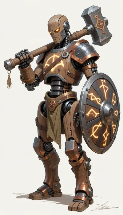 fantasy art, illustration, line art, color drawing, humanoid medieval fantasy robot made from wood, copper and iron, arcene glowing runes carved in the robot, holding a large mallet like warhammer, a round cog like shield strapped to the left arm of the robot