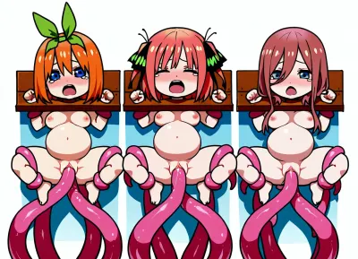 Cute, tied on pillory, wall, nude, tentacles, pink tentacles, 3 girls, Nino Nakano, Miku Nakano, Yotsuba Nakano, chibi style, tied tentacles, above view, vaginal tentacles, tied arms, tied legs, diffrrent emotions, white background, moaning, tears, early pregnancy, pain