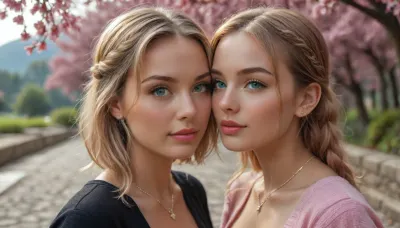 close-up, Two slim, highly attractive 25-year-old women, natural 34B bust, random dynamic poses, full body, biopunk gamer girl aesthetic. Both have flawless oval faces with high cheekbones, smooth jawlines, perfectly symmetrical large almond-shaped eyes, long thick dark eyelashes, defined arched eyebrows, straight delicate noses, full rosy lips with defined cupid's bow, flawless porcelain skin with soft blush, subtle natural makeup, glossy lips, catchlights in eyes, realistic iris texture. Woman 1, 25-year-old biopunk gamer girl, gradient pink hair in twin pigtails, subtle glowing cybernetic implants along collarbone, wearing a cropped pastel-pink knit cardigan over a white lace bralette, high-waisted cream pleated mini skirt, white thigh-high socks, pink sneakers. Woman 2, light brown hair in a single braid, faint bioluminescent circuit tattoos on arms, wearing an off-shoulder sage-green linen blouse with ruffled sleeves, fitted beige tailored shorts, brown leather ankle boots, delicate gold necklace. Setting, breathtaking scenic location, blooming cherry blossom garden with stone pathway, golden hour sunlight, soft bokeh, petals drifting in air, distant mountains and turquoise lake, subtle biopunk tech elements. Photorealistic, cinematic lighting, ultra-detailed clothing textures and faces, visible skin pores, individual eyelashes, sharp facial focus, 8K, shallow depth of field, fashion editorial style, natural skin tones, elegant composition., but, <lora:BUT_SDXL_SHS:1.7>, <lora:attractive_notrigger:1.2>
