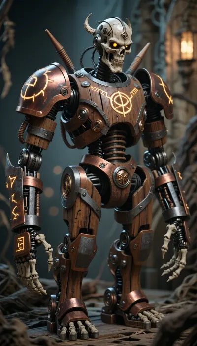 humanoid medieval fantasy robot made from wood, bone, copper and iron, arcene glowing runes carved in the robot