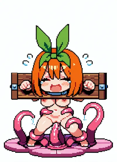 Cute, pixel art, pillory, 16 bit art, nude, tentacle floor, pink tentacles, Yotsuba Nakano, chibi style, tied tentacles, tentacle mass, white background, happy, tears, vaginal tentacles