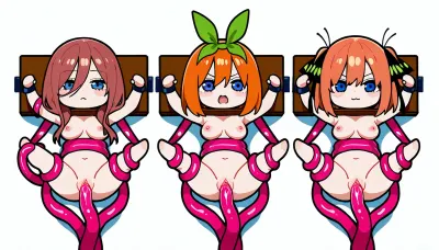 Cute, tied on pillory, nude, tentacles, pink tentacles, 3 girls, lies on back, Nino Nakano, Miku Nakano, Yotsuba Nakano, chibi style, tied tentacles, above view, vaginal tentacles, tied arms, tied legs, diffrrent emotions, white background