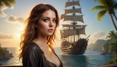 (upper body silhouette of sexy busty pirate captain:1.4), (pirate ship, sailing past a beautiful tropical island:1.4), (masterpiece, ultra realistic, realistic, photorealistic, photo realistic, photorealism, photo realism, lifelike, convincing realism:1.4), (maximum quality, ultra-detailed, insanely detailed, highly detailed, high quality, uncompressed, raw source photograph, raw image), (extremely intricate and detailed, highly detailed eyes, high resolution eyes, high quality eyes, highly detailed hair), (HDR lighting, sunset, intense sunlight, rule of thirds:1.3), (double, exposure, double exposure:1.4), (FaeTastic), <lora:SDXLFaeTastic2400:.9>