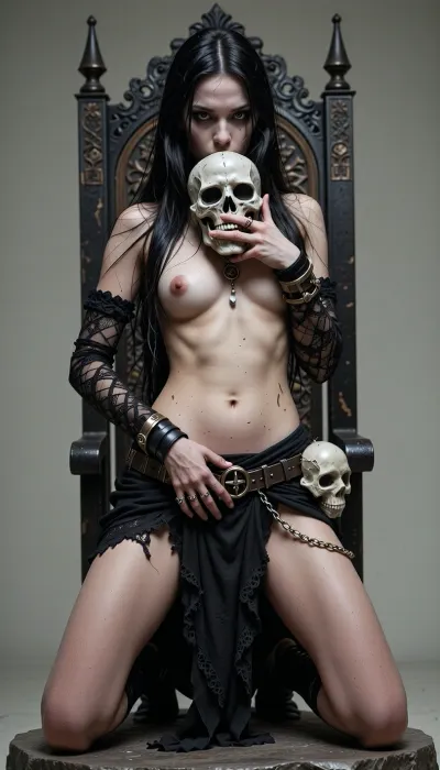 Full‑body portrait of a tall, gothic female figure standing at full height, centered in frame. Pale, ashen skin with realistic skin pores and subtle veins, natural anatomical proportions and complete, correctly positioned limbs and fingers. Long, straight, jet‑black hair, slightly tangled and damp‑looking, falling past the waist and partially covering the face. Intense, dark eye makeup with deep shadowing and faint smudges, eyes focused forward with a haunting, penetrating stare. Thin, gaunt facial structure with high cheekbones, slightly hollowed cheeks, and subtle dirt and ash streaks—no distortions or facial glitches. Poses for the camera in various sexual and revealing poses. Bare breasts and vagina. Poses, (choose one or render as a set of variations), Standing, frontal, arms relaxed at sides, head tilted slightly forward, haunting stare, weight evenly balanced.
Standing, contrapposto, (weight on one leg), one hip pushed out, right hand resting on a chained waist belt, left hand holding the skull at hip level.
Seated on a low stone, legs crossed at ankles, leaning slightly forward, elbows on knees, skull held between both hands at chest level.
Seated on an ornate throne, back straight, left hand gripping armrest, right hand raised holding the skull near face level, expression commanding.
Kneeling on one knee atop a flat rock, left hand pressed to the stone, right hand lifted as if invoking, hair falling forward, dynamic tension in shoulders.
Clothing and accessories, intricate, tattered black lace and mesh garments layered over a fitted underlayer, highly detailed fabric textures, (lace patterns, torn edges, mesh weave), realistic cloth folds and seams, natural wear and fraying. Arm wraps and bracelets made of aged metal and leather, chains and small talismans draped across the torso, and a small ornamental skull held at hip level with detailed bone texture. Include a pentagram pendant and layered necklaces with subtle metallic reflections and believable shadows.
Lighting and atmosphere, soft, even studio lighting with cool desaturated tones, subtle rim light from behind to separate figure from background, gentle high‑contrast shadows to emphasize texture without crushing details. Neutral light gray background with faint vignette, minimal environmental distractions.
Art style and rendering, hyperrealistic photographic style, 8k detail, sharp focus on the entire figure, film‑quality texture detail, physically based rendering, (PBR), for fabrics and metals. No body proportion errors, no extra or missing limbs, no floating or disconnected fingers, no texture glitches, no pixelation, no watermarks, no UI overlays. Ensure realistic anatomy, natural joint placement, and fully rendered hands and feet.
Camera and composition, full‑length vertical composition, eye level camera, 50mm equivalent focal length, slight narrow depth of field so the entire body stays in focus, subject centered with room around the figure.