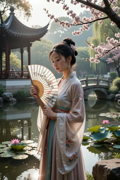 beautiful Chinese woman holding a traditional silk hand fan, standing in a serene traditional Chinese park. She is wearing an elegant hanfu dress. In the background, there is a scenic view with a traditional pavilion, a stone bridge over a quiet pond with lotus flowers, and blooming cherry blossoms. Soft morning sunlight filtering through the trees, creating a peaceful and poetic atmosphere. Highly detailed, cinematic lighting, 8k resolution